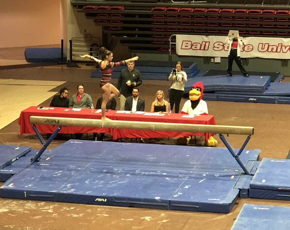 Ball State Gymnastics hosted its annual Red vs. White scrimmage Monday. Athletes were split up, and scores were given by guest judges after each event. Drew Pierce, DN
