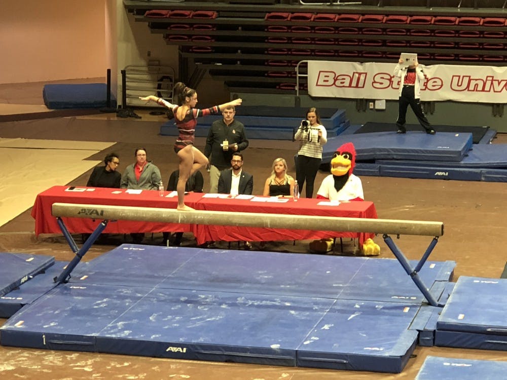 Ball State Gymnastics hosted its annual Red vs. White scrimmage Monday. Athletes were split up, and scores were given by guest judges after each event. Drew Pierce, DN
