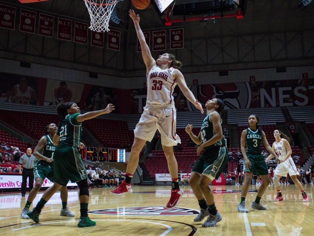 Ball State forward Moriah Monaco shoots a layup during the game against Eastern Michigan on Jan. 18 in Worthen Arena. Monaco scored 16 points in the game, had two blocks and two steals and was 4-5 from 3-point range. Grace Ramey // DN
