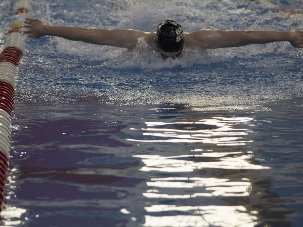 Senior Alec Tuthill swims in the men’s 100 yard butterfly at the Butler Invitational on Jan. 27, 2019 at Fishers High School. Tuthill placed 14th in this event. Patrick Murphy.DN