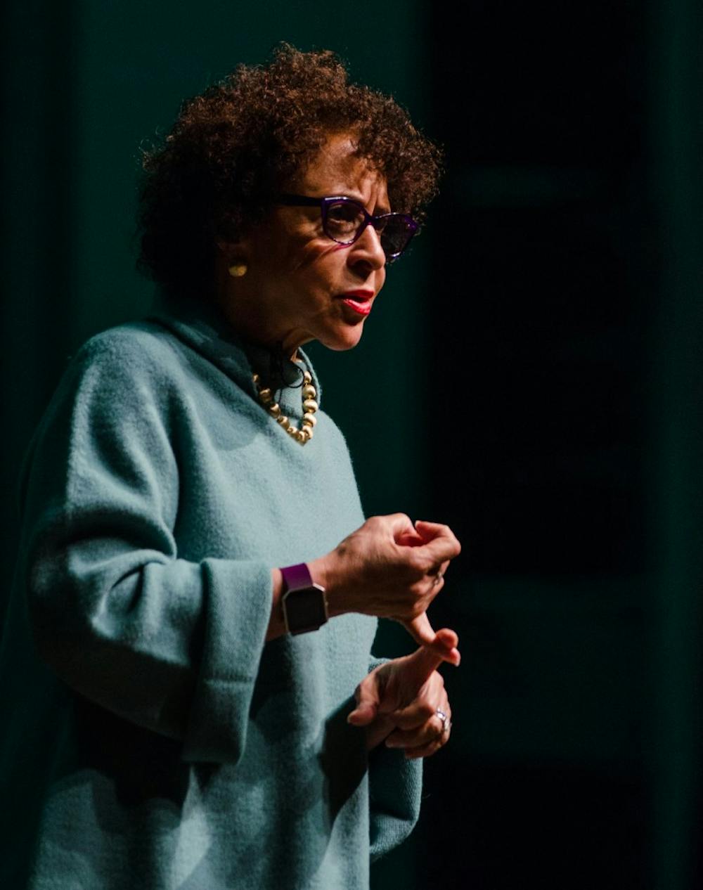 <p>Sheila C. Johnson, co-founder of Black Entertainment Television (BET),&nbsp;spoke at Emens Auditorium on March 28 about "Lessons from a Leader" as part of the Excellence in Leadership lecture series. Johnson encouraged students to find their own path instead of following someone else's. <em>DN PHOTO KELLEN HAZELIP</em></p>