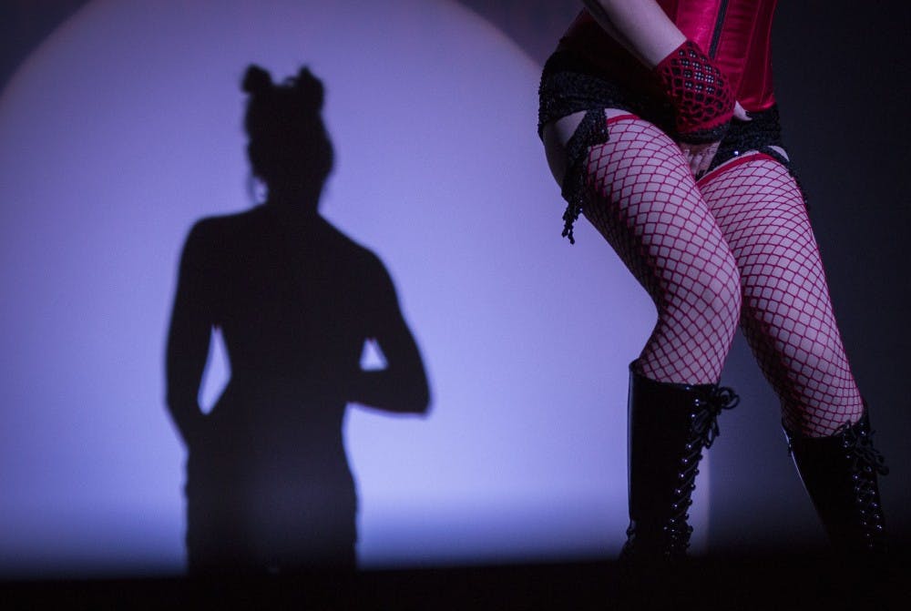 Actors apart of the the Old Queens Men shadow cast returns for the fifth annual showing of The Rocky Horror Picture Show Sept. 29, 2018, in Downtown Muncie at Cornerstone Center for the Arts. The show featured the classic film and interactive cast dancing through the audience and on stage. Grace Hollars, DN