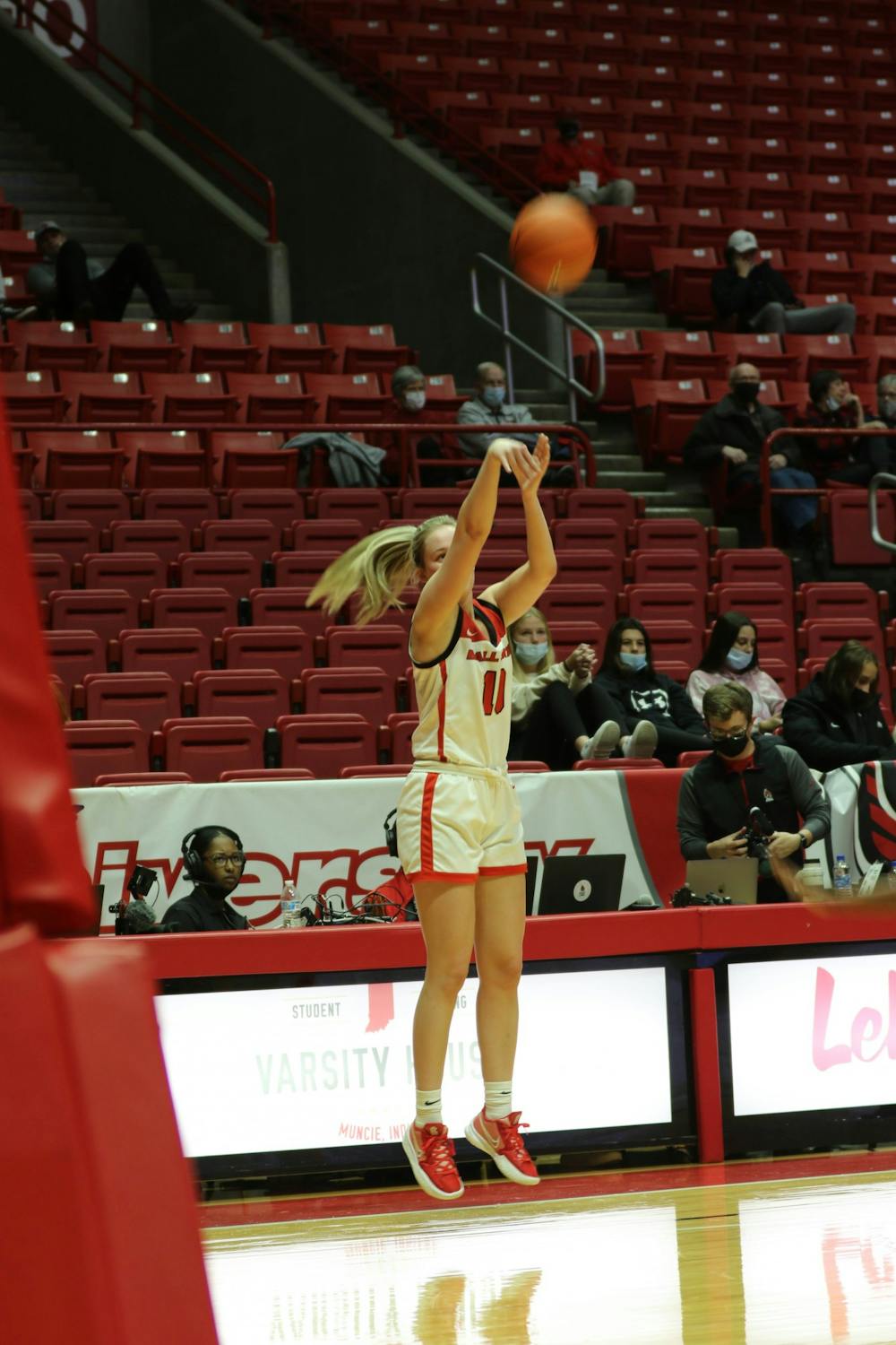 <p>Ball State Senior Thelma Dia Agustsdottir takes a shot on Nov. 3 at Worthen Arena. Ball State had 6 different players with double digit scores, one of them being Agustsdottir.</p>