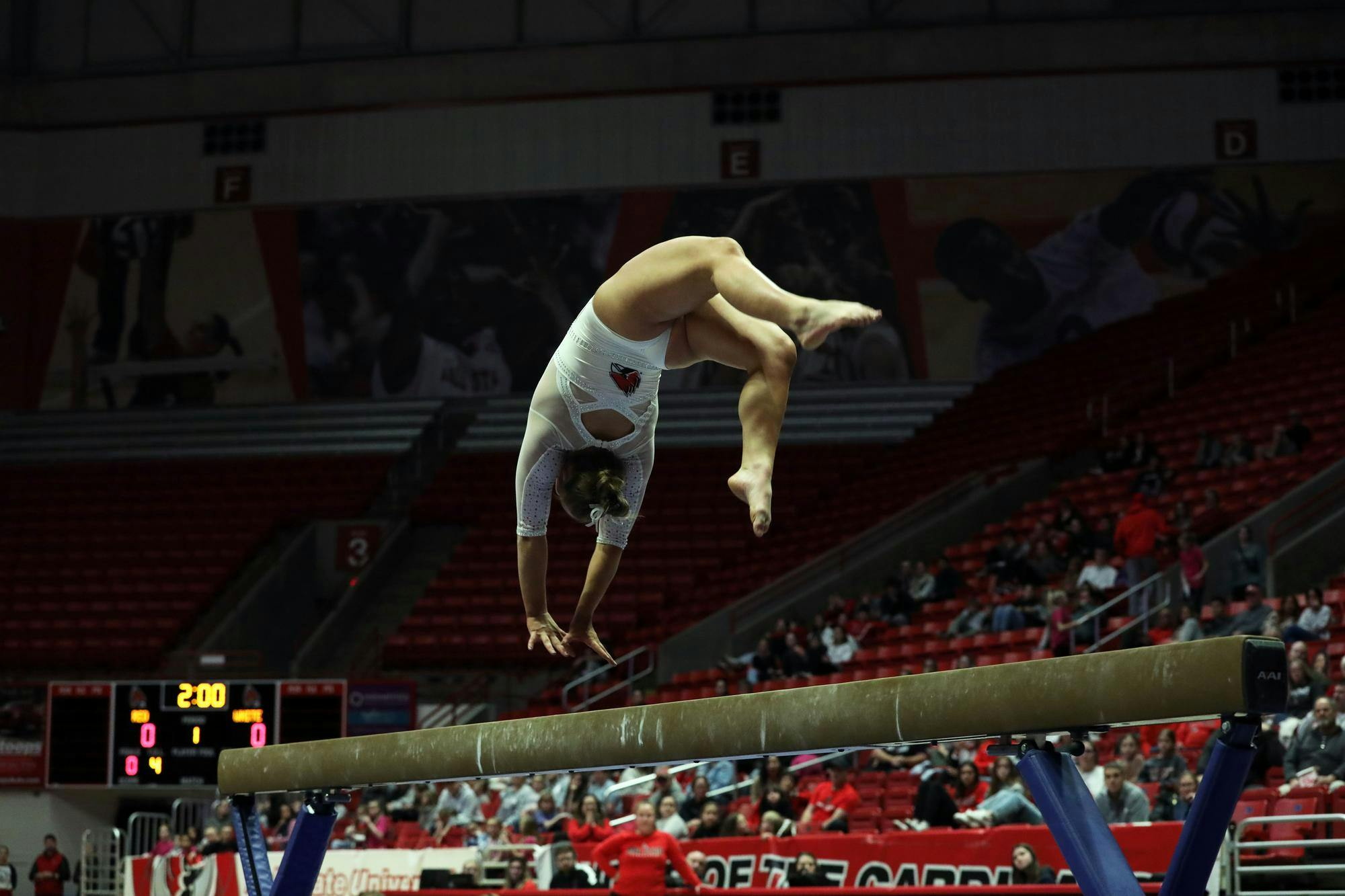 Freshman Lindsay Fuller does a back hand spring during the Red vs White meet Dec. 8 at Worthen Arena. Fuller scored a 9.650 on the beam. Mya Cataline, DN