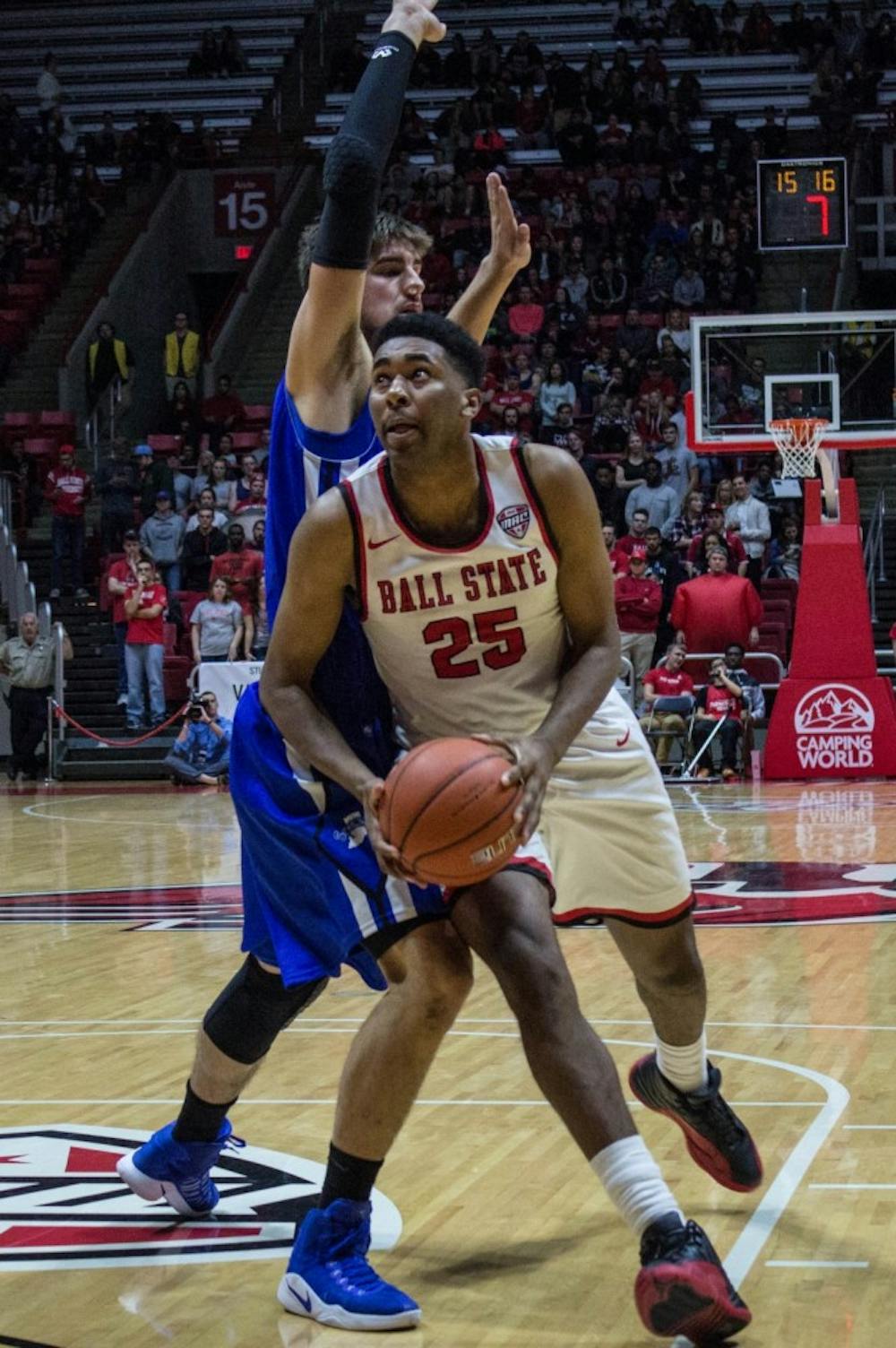 Ball State's forward Tahjai Teague prepares for a layup during the game against Indiana State on Nov. 15 in Worthen Arena. The Cardinals lost 74-80. Grace Ramey, DN File