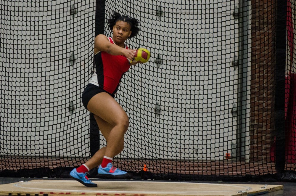 Ball State freshman Princess Carter throws in weight throw on Feb. 16 in the Ball State Tune-up at the Field Sports building. Madeline Grosh, DN