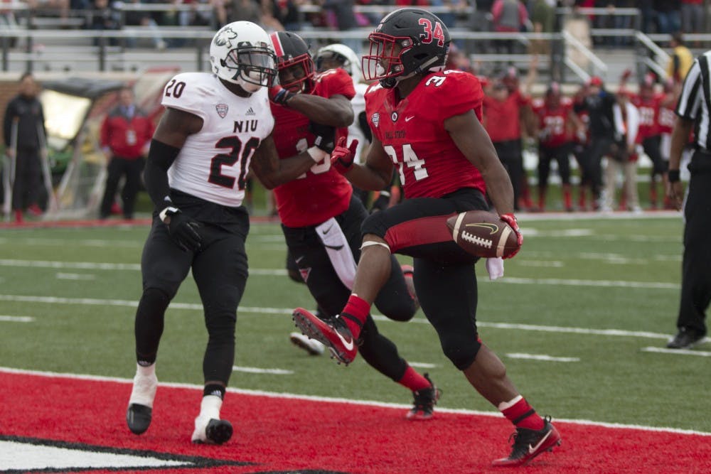 Ball State running back, James Gilbert celebrates a touchdown against Northern Illionis University on Saturday, October 1 at Scheumann Stadium in Muncie, IN. NIU defeated the cardinals, 31-24. (DN, Grace Hollars) 