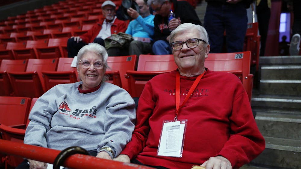 Carol and Clarence Casazza sit in the stands before a game between Ball State and Belmont in the WNIT Tournament March 16 at Worthen Arena. Amber Pietz, DN