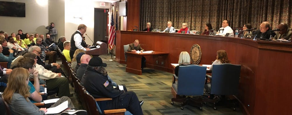 <p>Muncie Mayor Dennis Tyler spoke at the city council meeting Monday, Jan. 8, 2018. Tyler asked that the council table the EMS vote until more information could be obtained. <strong>Andrew Harp, DN Photo</strong></p>
