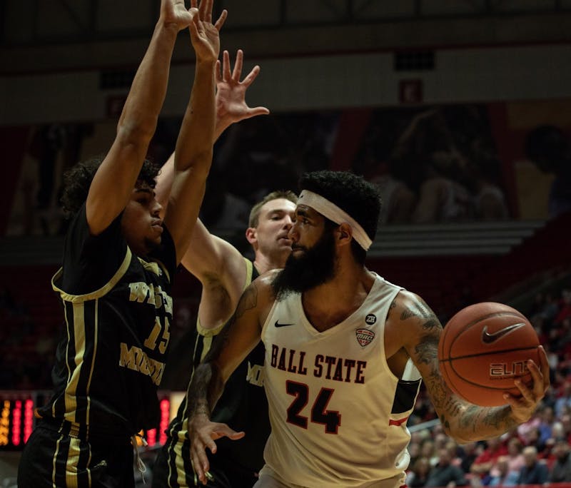 Senior center Trey Moses goes up for a layup during the first half against Western Michigan Feb. 9, 2019 at John E. Worthen Arena. Ball State won the game 79-59. Rebecca Slezak,DN