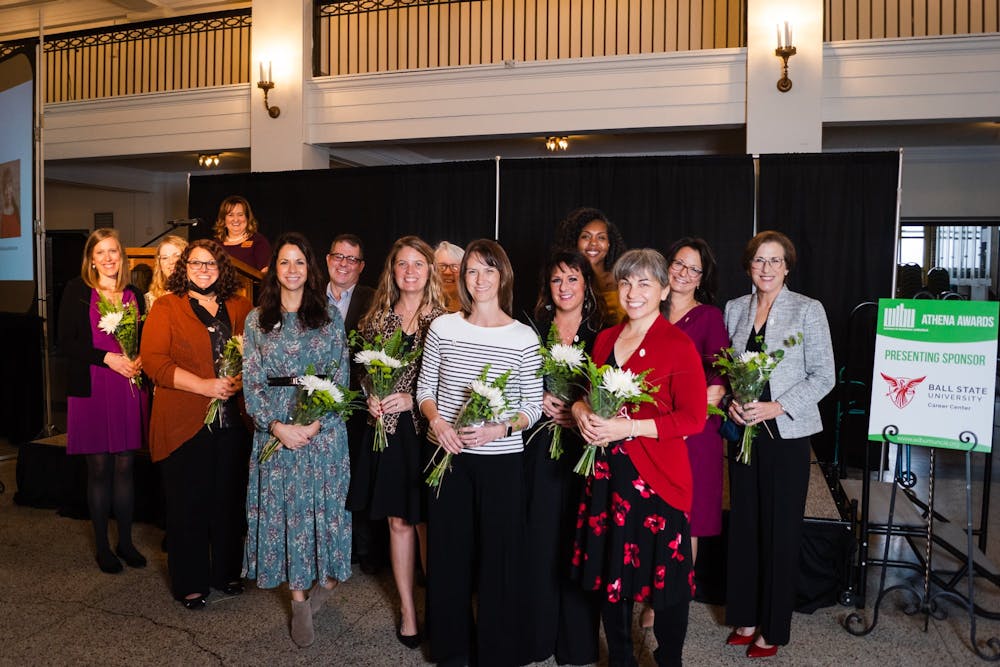 A group of participants pose for a photo during the 2021 ATHENA awards. WIBU hosts the local ATHENA awards luncheon every year. Farmhouse Creative, Photo Courtesy
