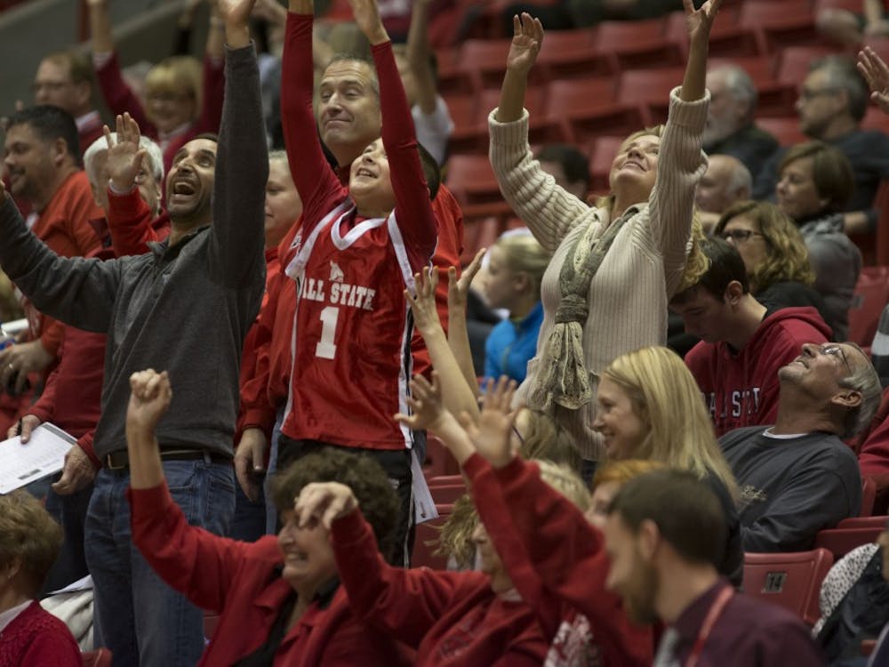 Audience members cheer during the game Ball state against Valparaiso on Nov. 28 at Worthen Arena. DN PHOTO AMER KHUBRANI