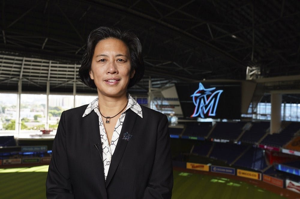 New Miami Marlins general manager Kim Ng poses for a photo at Marlins Park stadium before being introduced during a virtual news conference, Monday, Nov. 16, 2020, in Miami. Ng discussed her climb to become the first female GM in the four major North American professional sports leagues. AP, Photo Courtesy