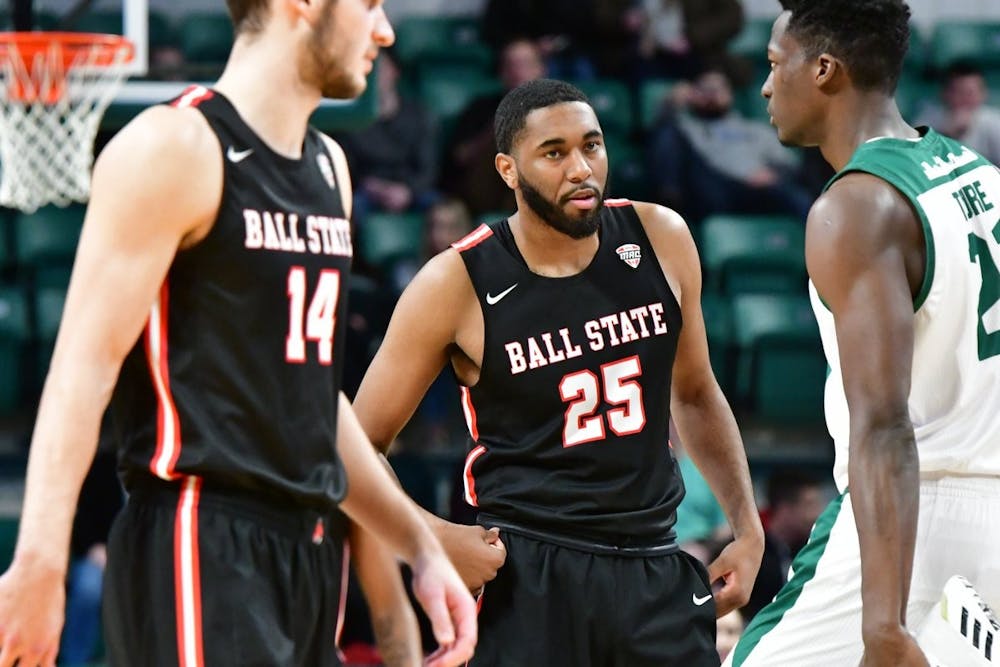 <p>Redshirt senior forward Tahjai Teague prepares for the next play in a game against Eastern Michigan on Jan. 14 at the Convocation Center. Ball State won, 69-52. <strong>(Ball State Athletics, photo provided)</strong></p>