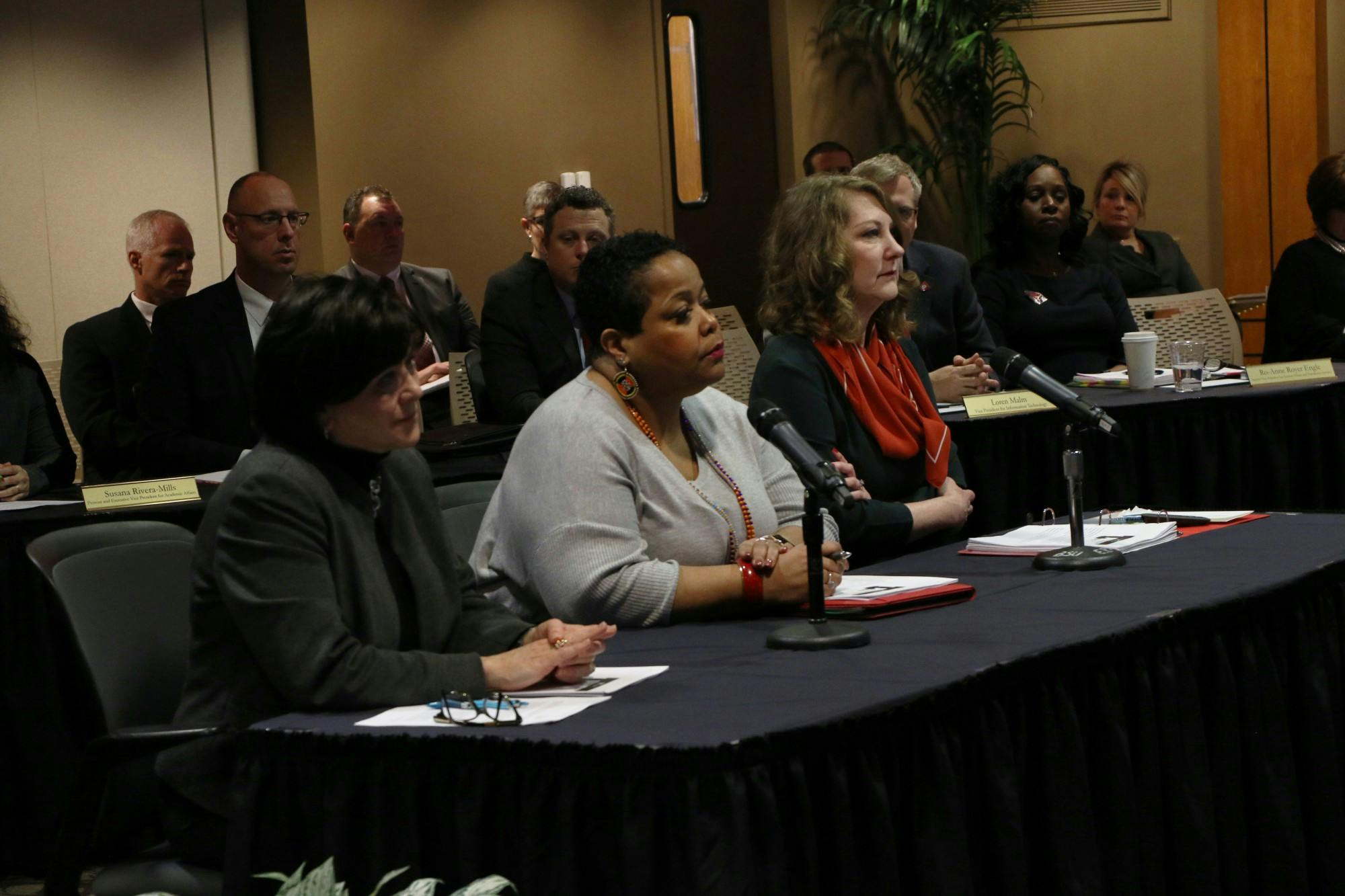 Paaige Turner (Right), dean of the College of Communication, Information and Media speaks at the Board of Trustees meeting Jan. 31, 2020, at the L.A. Pittenger Student Center. Turner, chair of Ball State's Freedom of Expression committee presented a proposal to update the university's unifying framework statement in the faculty and personnel handbook, among other recommendations. Rohith Rao, DN