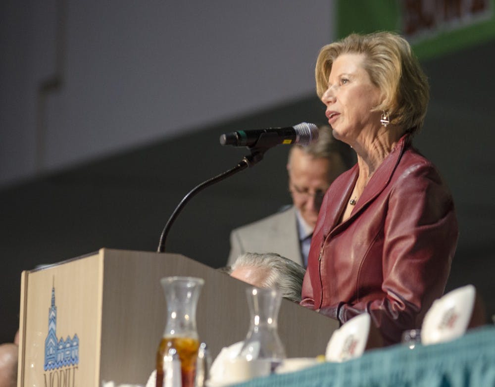 Ball State President Jo Ann Gora speaks to the crowd at the mayor's luncheon Jan. 3 at the Mobile Convention Center in Mobile, Ala. DN PHOTO COREY OHLENKAMP