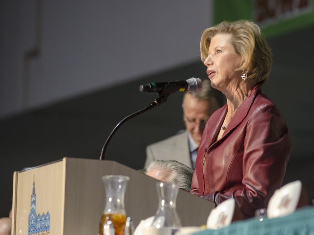 Ball State President Jo Ann Gora speaks to the crowd at the mayor's luncheon Jan. 3 at the Mobile Convention Center in Mobile, Ala. DN PHOTO COREY OHLENKAMP