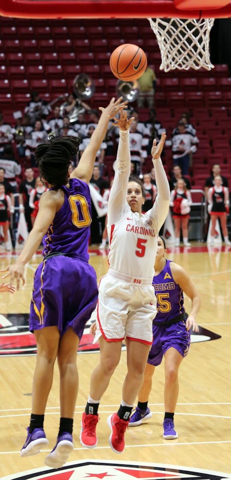 Ball State freshman Maliah Howard-Bass shoots two during the Cardinals’ game against Lipscomb on Nov. 15 in John E. Worthen Arena. Howard-Bass had nine points. Paige Grider, DN