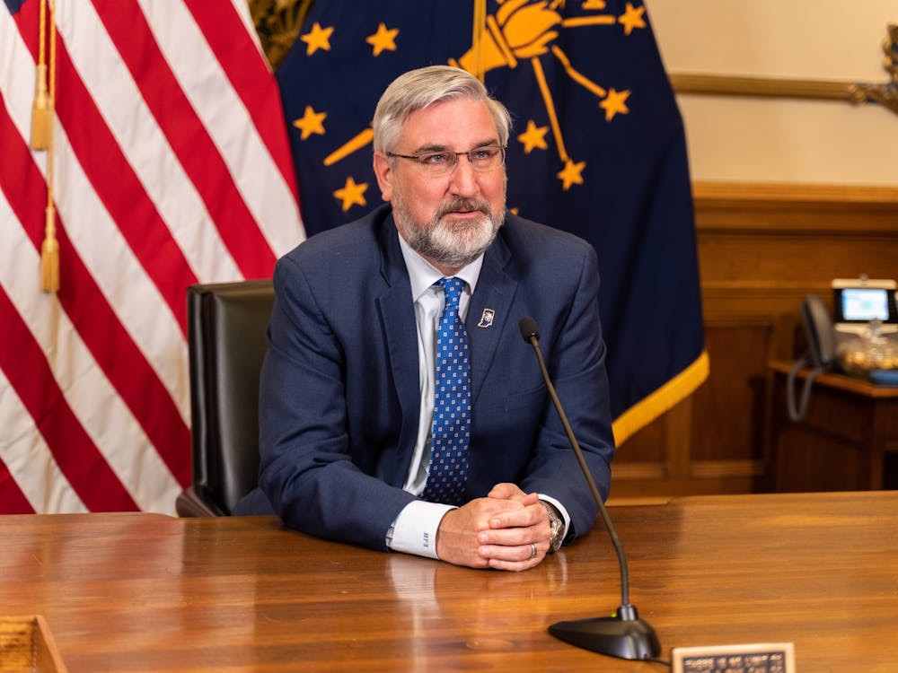 Indiana Gov. Eric Holcomb speaks March 23, 2021, during a statewide address. During the address, Holcomb announced Indiana&#x27;s vaccination eligibility plans and an end date for the statewide mask mandate. Indiana Governor&#x27;s Office, Photo Provided