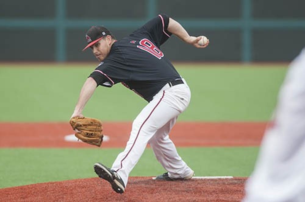 Junior Tyler Jordan pitches against IU during their game on April 17. Ball State defeated Indiana 5-3. PHOTO PROVIDED BY BEN MIKESELL