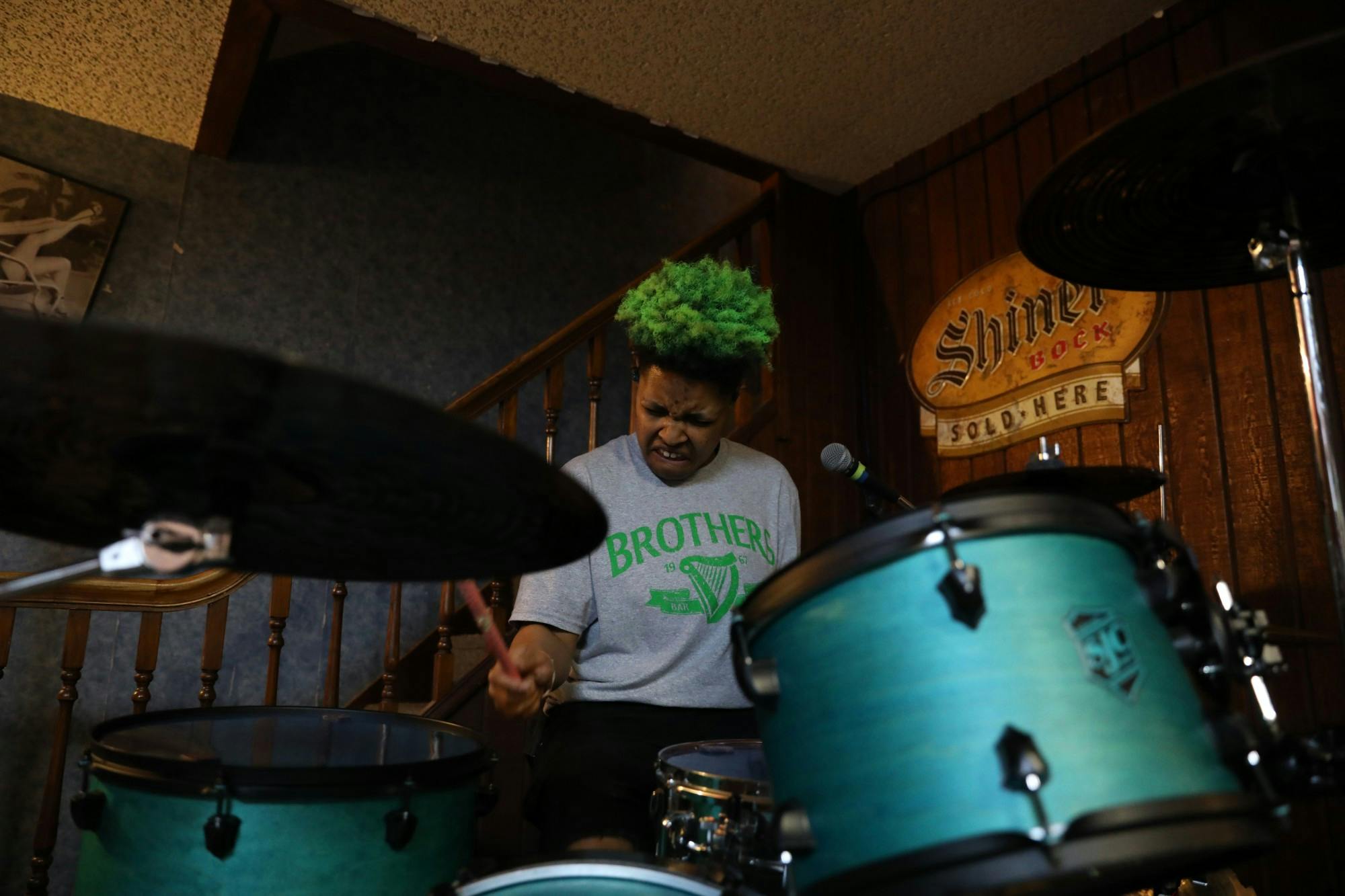 Raegan Gorden plays the drum set March 19 during a rehearsal. Gorden plays in the bands "Whydah" and "Leisure Hour." Rylan Capper, DN 