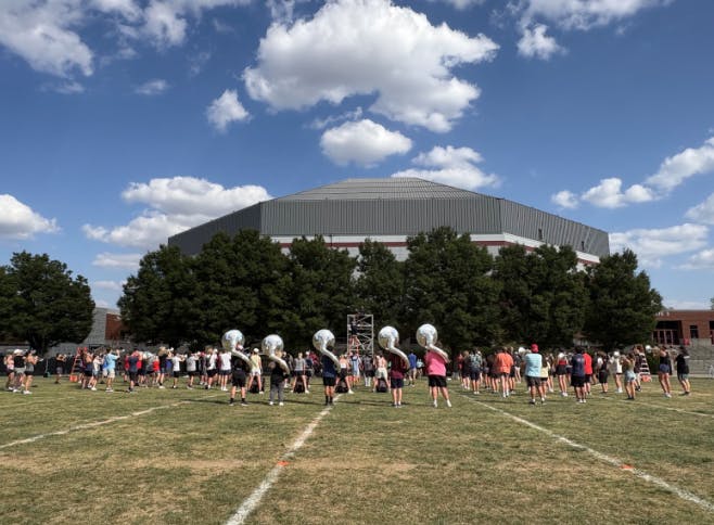 The Pride of Mid-America practicing their marching routine outside of Worthen Arena.

Stephanie Weaver, NewsLink Indiana
