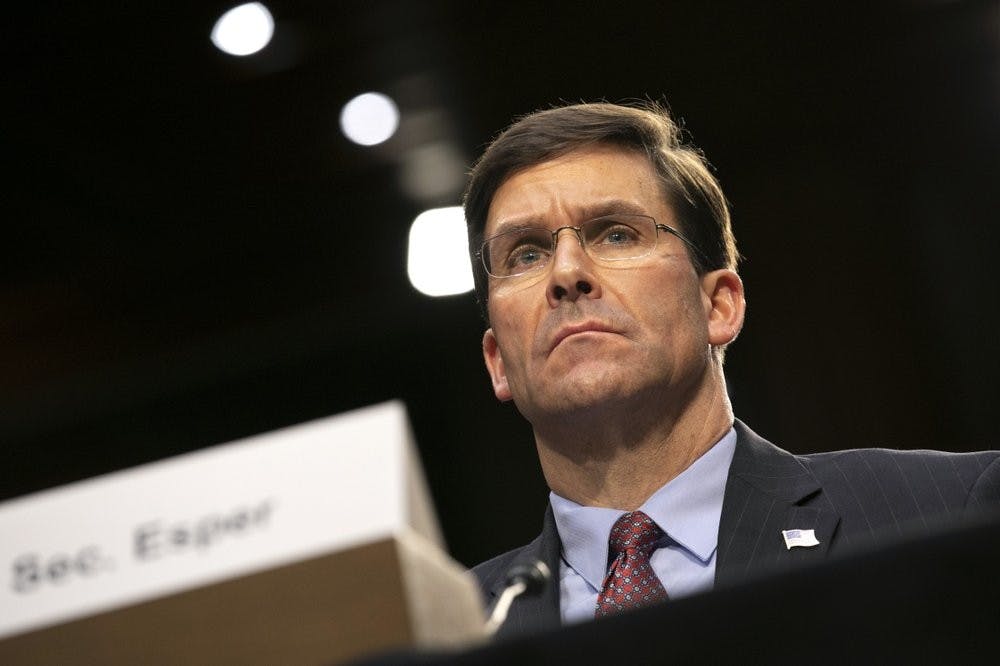 Defense Secretary Mark Esper testifies to the Senate Armed Services Committee about the budget, Wednesday, March 4, 2020, on Capitol Hill in Washington. An uptick in Taliban attacks against Afghan forces that prompted a retaliatory U.S. airstrike has underscored the fragility of the peace deal between the Trump administration and the group. Esper told the Senate hearing that the Taliban are honoring the agreement by not attacking U.S. and coalition forces, “but not in terms of sustaining the reduction in violence.” (AP Photo/Jacquelyn Martin)