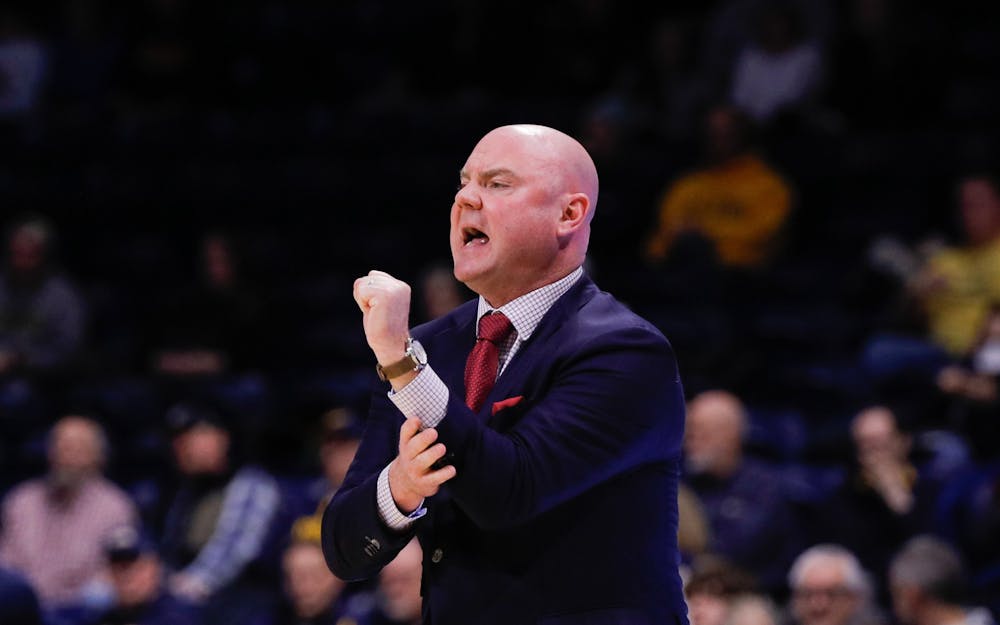 Ball State men's basketball head coach Michael Lewis yells directions for his team against Toledo Feb. 18 at John F. Savage Arena. Ball State fell to Toledo 67-66. Andrew Berger, DN 