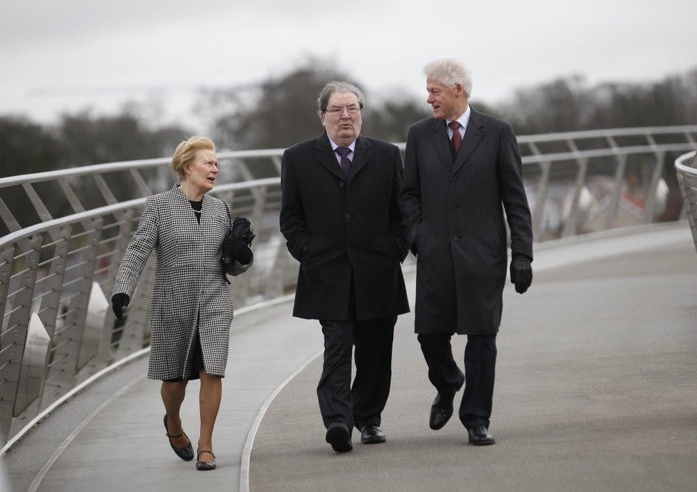 <p>&nbsp;In this March 5, 2014 file photo former US President Bill Clinton, right, with former Social Democratic Labour Party leader John Hume and Hume's wife Pat walk across the Peace Bridge, in Londonderry Northern Ireland. The family of politician John Hume, who won Nobel Peace Prize for work to end violence in Northern Ireland, says he has died. He was 83. The Catholic leader of the moderate Social Democratic and Labour Party , Hume was regarded by many as the principal architect behind the peace agreement. (AP Photo/Peter Morrison)</p>
