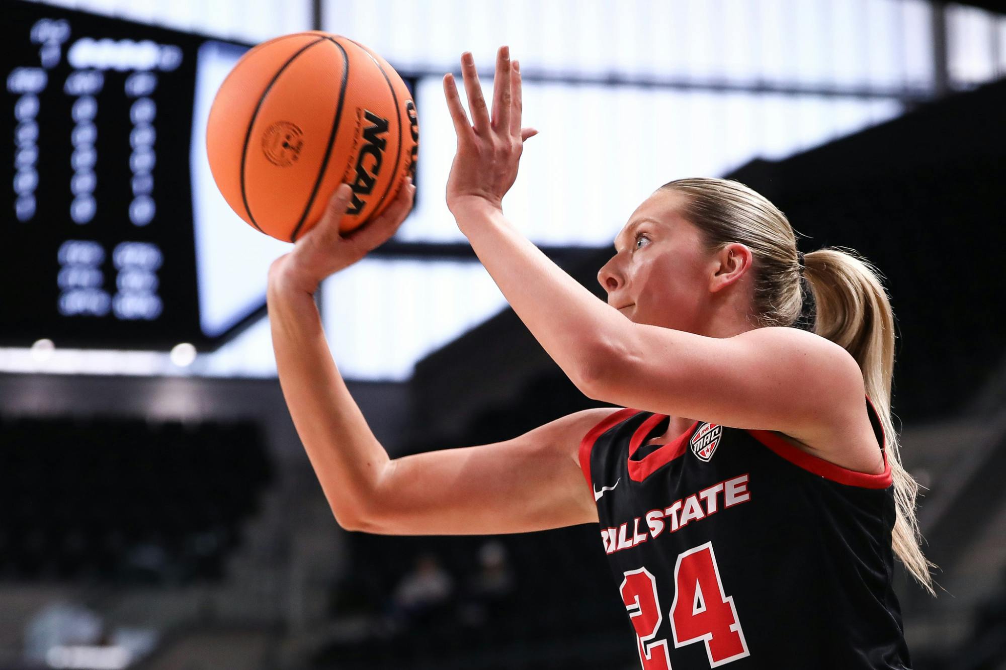 Ball State senior Madelyn Bischoff shoots a three-point shot against Ole Miss March 21 in the NCAA Women's Basketball Tournament at Foster Pavilion in Waco, Texas. Andrew Berger, DN 