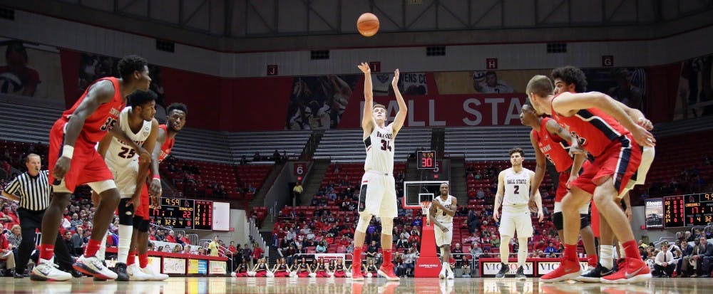 <p>Senior Sean Sellers shoots a free throw during the first half of the Cardinals’ game against Stony Brook on Nov. 17 in John E. Worthen Arena. Ball State plays Oakland City Nov. 28 at home. <strong>Paige Grider, DN</strong></p>