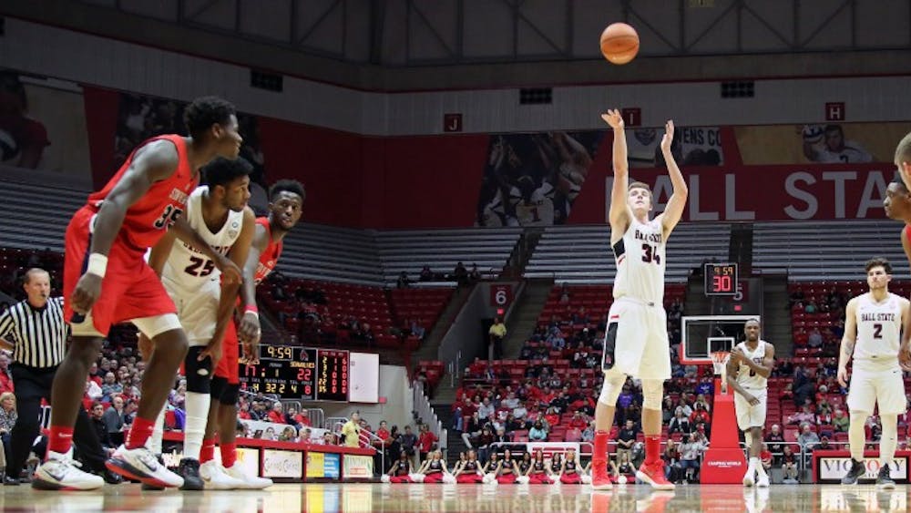 Senior Sean Sellers shoots a free throw during the first half of the Cardinals’ game against Stony Brook on Nov. 17 in John E. Worthen Arena. Ball State plays Oakland City Nov. 28 at home. Paige Grider, DN