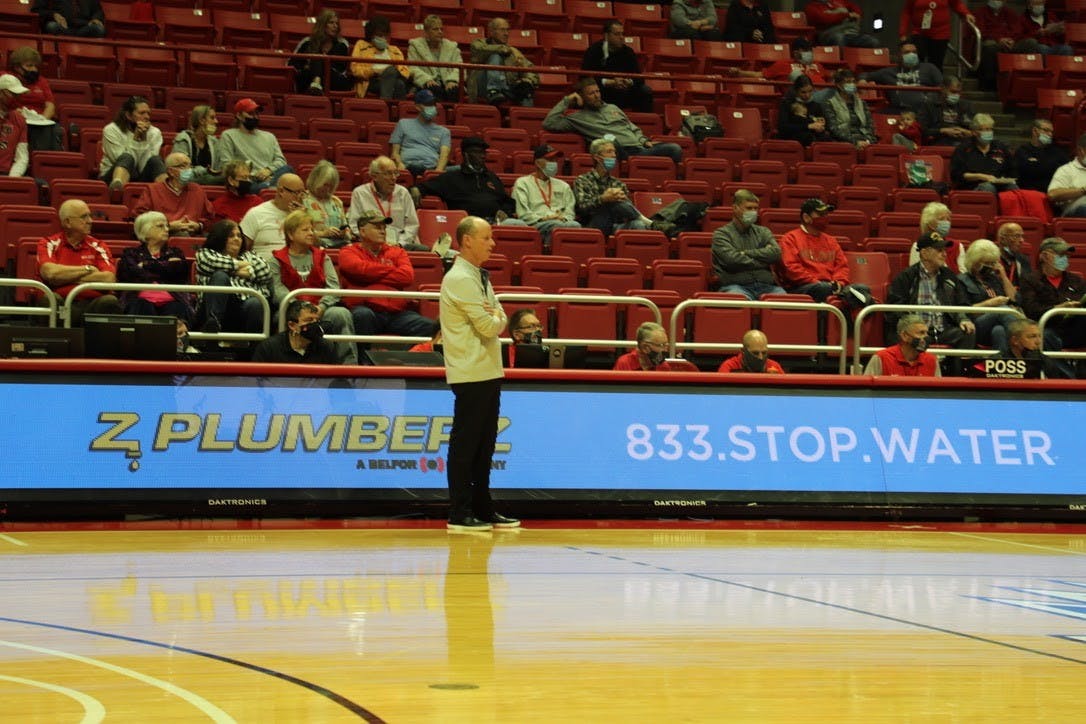 Head Coach Brady Sallee watches his team play Nov. 9, 2021, in John E. Worthen Arena. The Cardinals beat the Panthers 84-75 in overtime. Kyle Smedley, DN