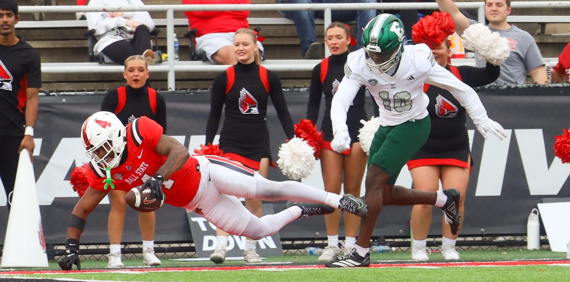 Redshirt sophomore TJ Horton tries for a touchdown at the BSU vs. Eastern Michigan game Nov. 15 at Scheumann Stadium. Horton has rushed 144 yards this season. Mallory Hall, DN