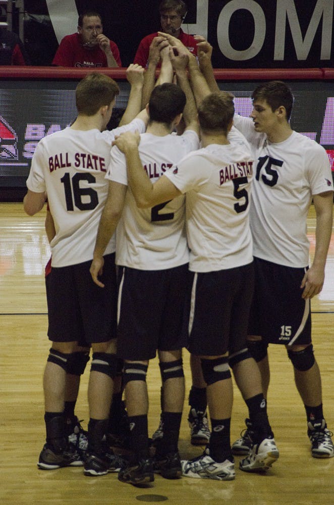 The Ball State men's volleyball team gets in a huddle before a set against Loyola on Feb. 20 at Worthen Arena. DN PHOTO AUDREY ADDINGTON