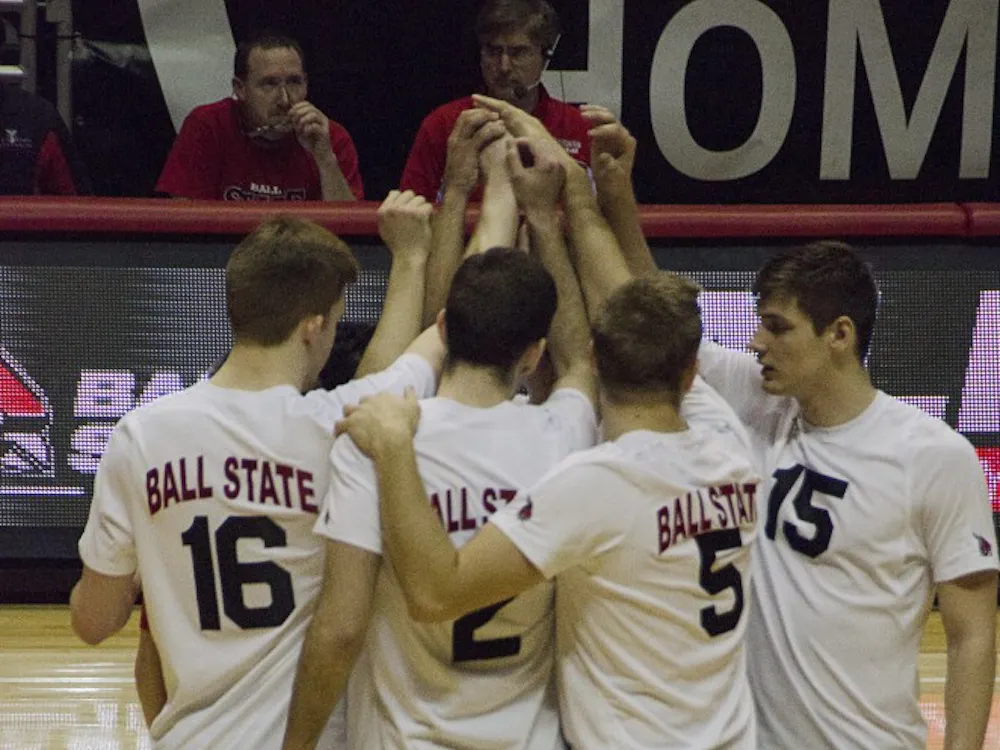 The Ball State men's volleyball team gets in a huddle before a set against Loyola on Feb. 20 at Worthen Arena. DN PHOTO AUDREY ADDINGTON