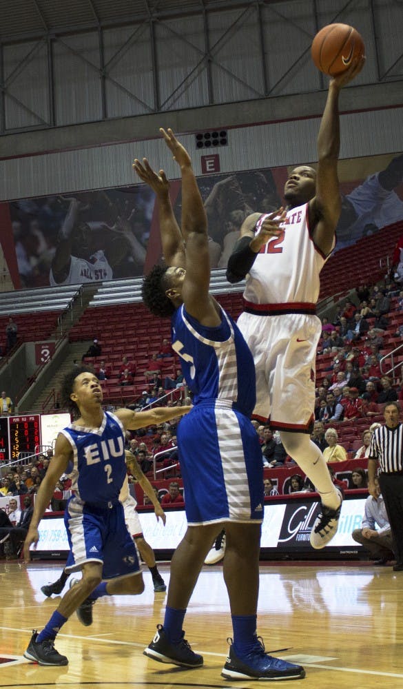 Senior forward Bo Calhoun for the Ball State Cardinals attempts to shoot a layup on Nov. 16 during a game against E. Illinois in Worthen Arena. 