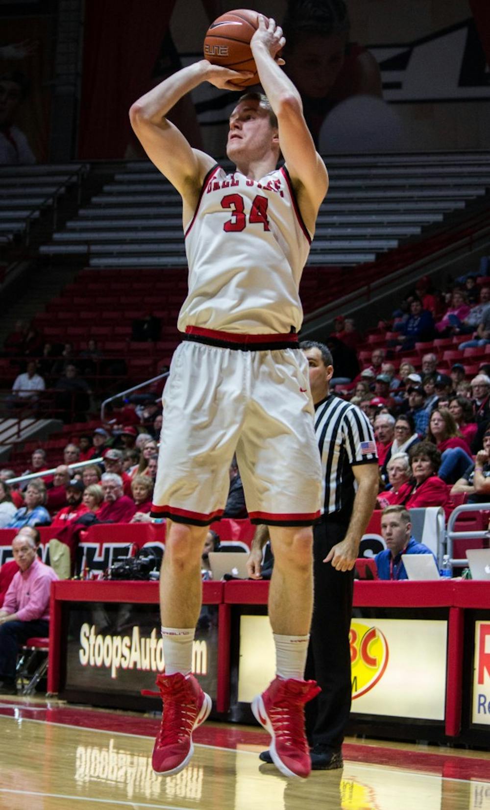 Ball State guard/forward Sean Sellers attempts to shoot a three-pointer during the game against Eastern Kentucky on Dec. 10 in Worthen Arena. Ball State won 91-86 in overtime. Grace Ramey // DN