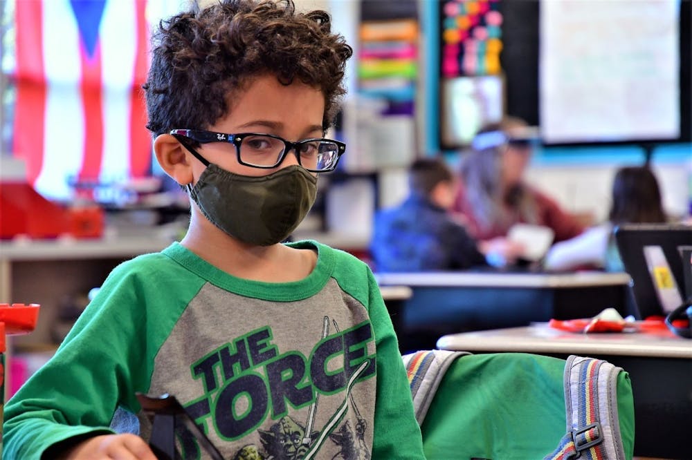 <p>Owen Roberts sits in class, April 16, 2021, in West View Elementary School. Muncie Community Schools (MCS) announced Feb. 22 it is lifting its mask mandate, no longer requiring students, staff or visitors to wear one inside MCS buildings. <strong>Andy Klotz, Photo Provided</strong></p>