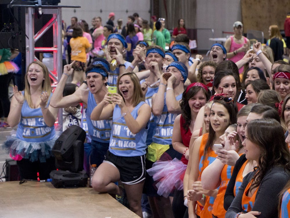 The blue team celebrates a victory at Ball State's Dance Marathon February 22. DN PHOTO TAYLOR IRBY 