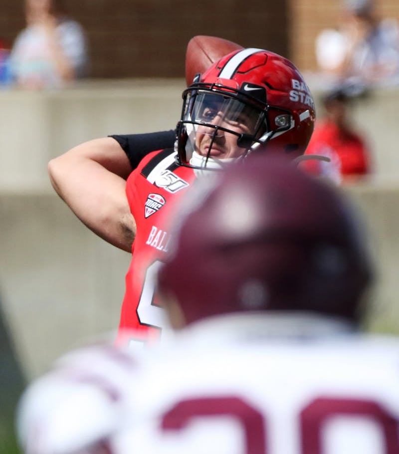 Ball State redshirt junior quarterback Drew Plitt throws a pass during the Cardinals' game against Fordham on Saturday, Sept. 7, 2019 at Scheumann Stadium. Plitt had 439 passing yards. Paige Grider, DN