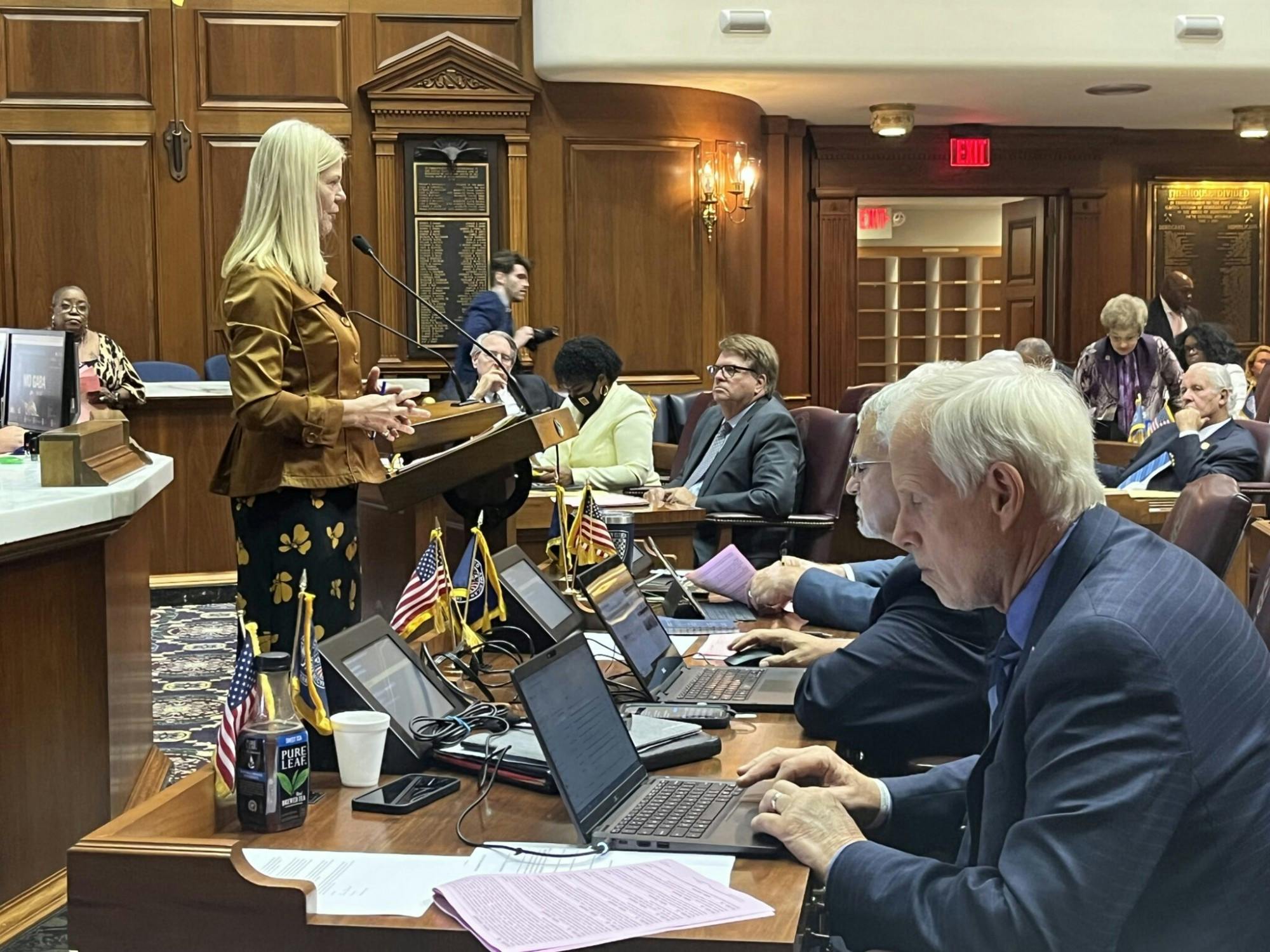  Rep. Sharon Negele, R-Attica, shares amendments on HB 1001 with the House Chamber on July 28 in Indianapolis. (Whitney Downard/ Indiana Capital Chronicle)