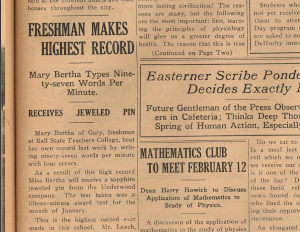 <p>On Feb. 6, 1930, the Easterner published a story about a student setting a record typing speed at 97 words per minute. The Easterner later became the Daily News. <strong>Digital Media Repository, photo courtesy</strong></p>