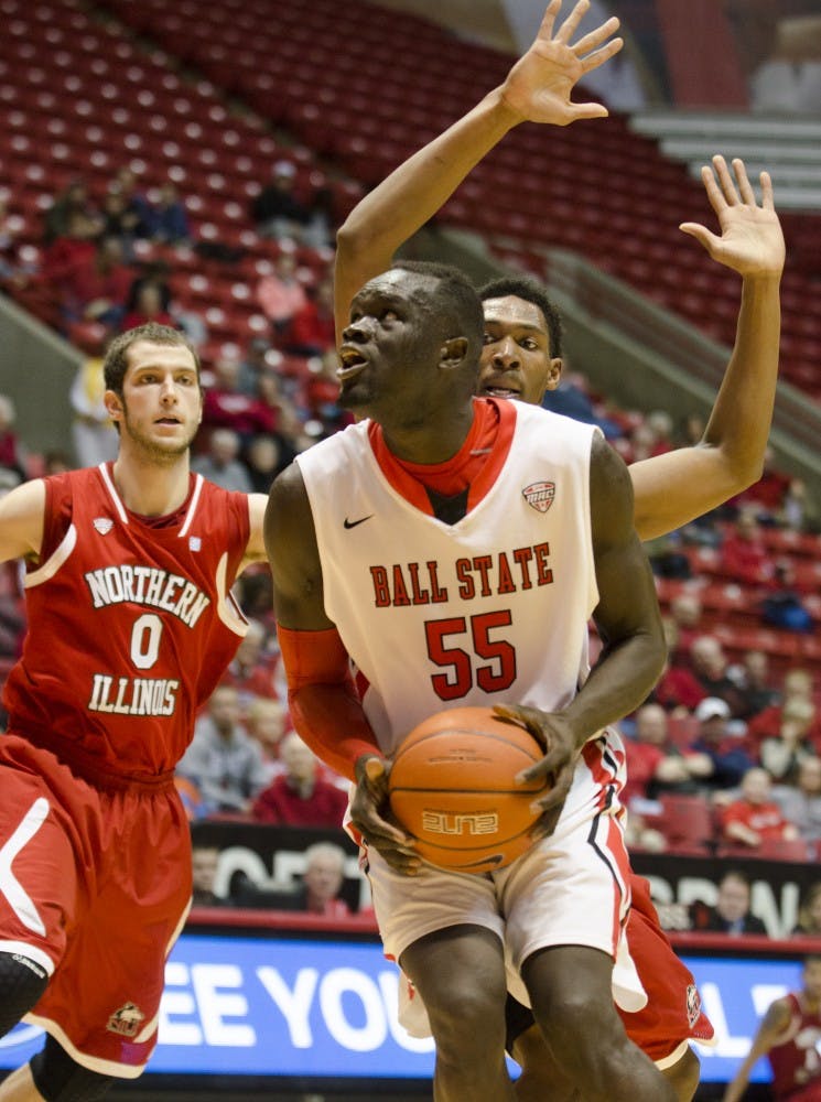 Senior center Majok Majok goes up for a shot against Northern Illinois on Feb. 1 at Worthen Arena. Majok scored 9 points. DN PHOTO BREANNA DAUGHERTY