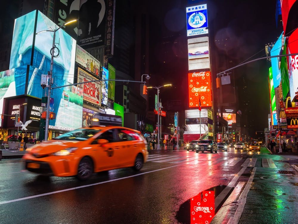 Manhattan, New York, NY, United States - October 27, 2018: Times Square during a rainy night.