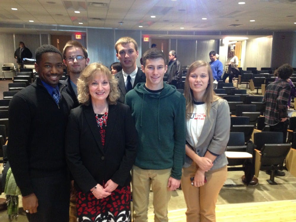 	Students pose with Ind. superintendent of of public instruction Glenda Ritz after she spoke on campus Nov. 8. The Ball State alumna said she doesn&#8217;t approve of the state&#8217;s current teacher student assesment system. PROVIDED BY ERICA WALSH