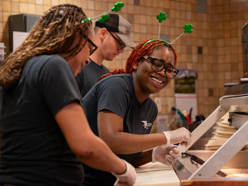 Ball State University Dining Services hosts the Saint Patrick's Day Meal event on March 17 in the Woodworth Dining Complex. The event had many different foods from a regular menu including Guinness Stew, Impossible Shepherd's Pie, Shamrock Smoothies, and more.