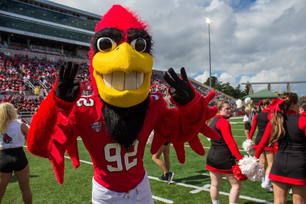 Charlie Cardinal welcomes the Cardinals onto the field at the beginning of the home opener game against Eastern Kentucky on Sept. 17 in Scheumann Stadium. Ball State won 41-14. Grace Ramey // DN