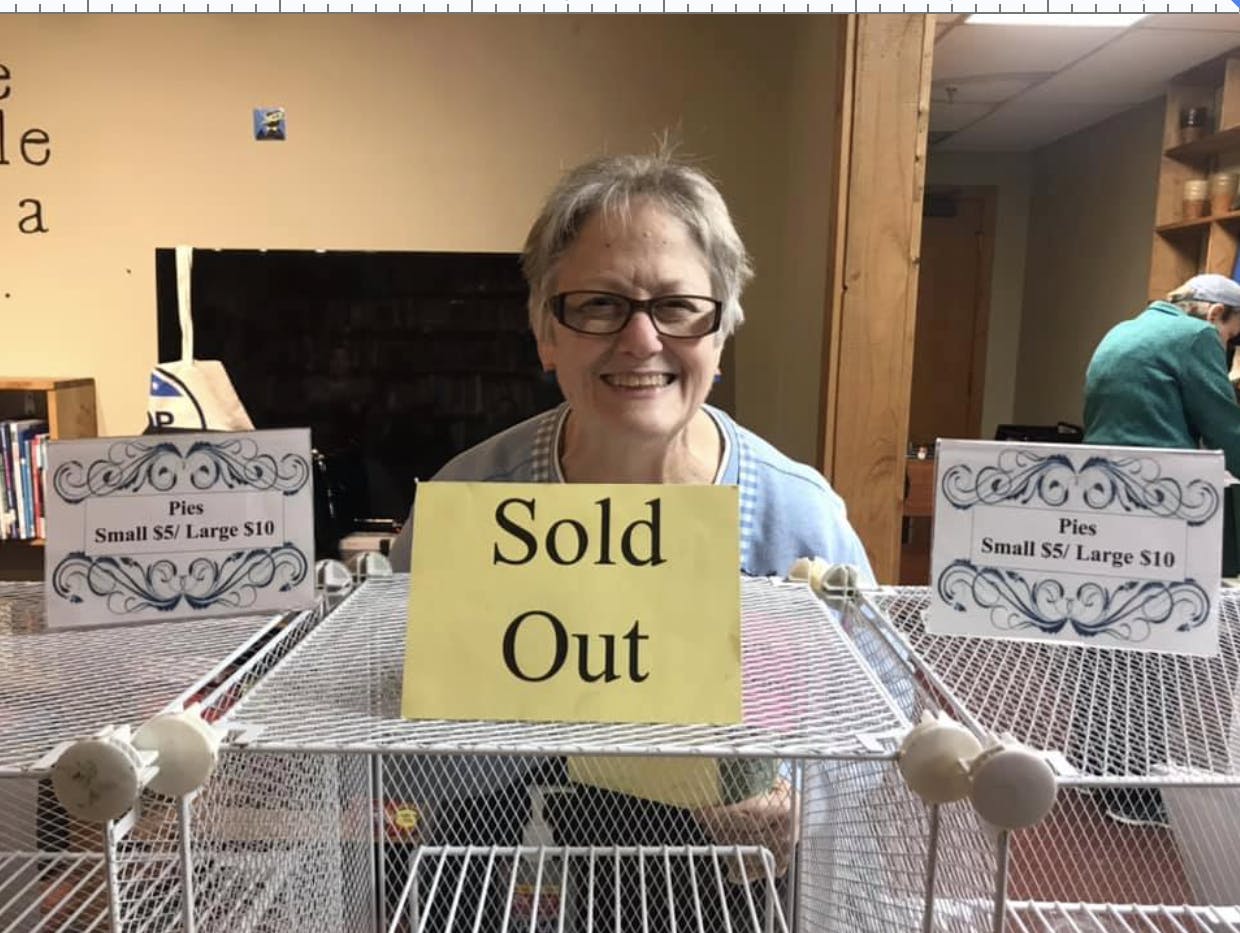 Susan Danner, also known as the “Pie Lady,” sells out at a local market. 
Photo credit to Susan Danner
