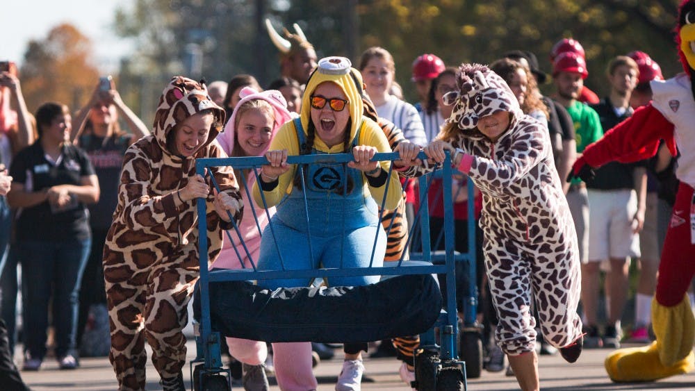 The annual Bed Race took place on Riverside Avenue Oct. 20, 2017, during Homecoming week. Different Ball State organizations teamed up in a group of five to compete against one another in a 100 yard course.&nbsp;